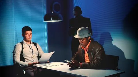 Multiracial desperate criminal writing last message on smartphone in Stock Photos
