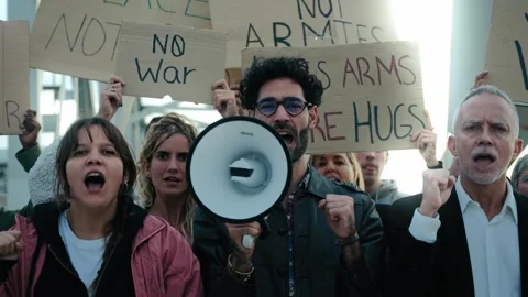 Multiracial diverse ages people protesting against war and violence in the world Stock Footage 261342640
