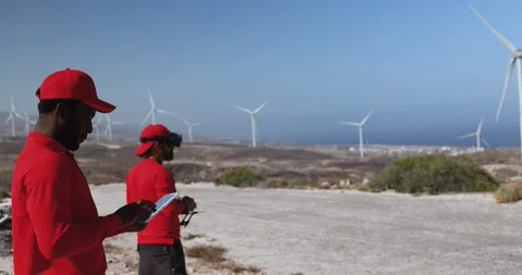 Multiracial engineer men working together on a windmill farm Stock Footage 194266251