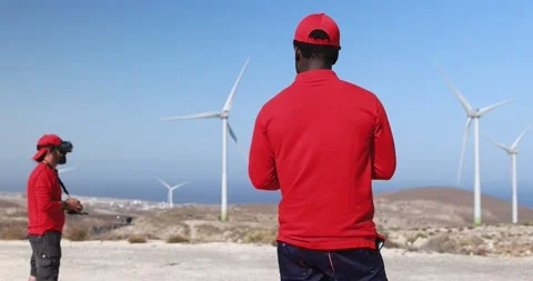 Multiracial engineer men working together on a windmill farm Stock Footage 194266648