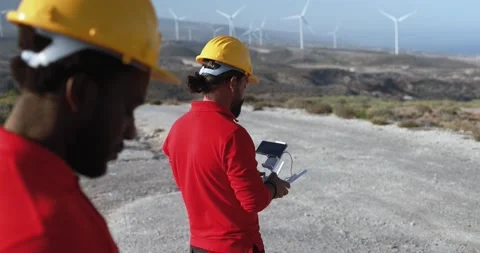 Multiracial engineer men working together on a windmill farm Stock Footage 194267128