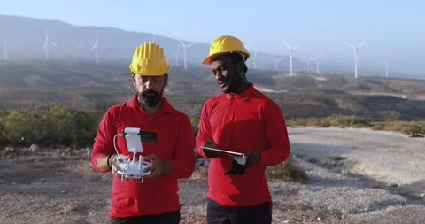 Multiracial engineer men working together on a windmill farm Stock Footage 194267682