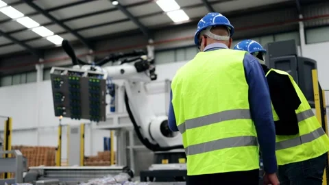 Multiracial engineers working with robot arm at robotic automation facility Video stock 229640025