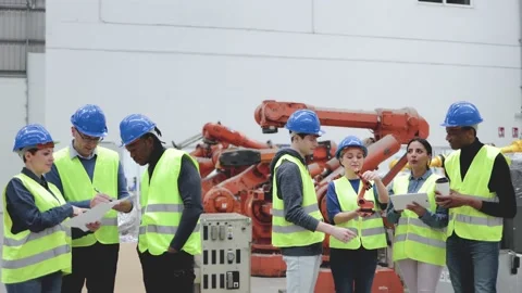 Multiracial engineers working on robot inside automation and robotics facility  Stock Footage 212683060