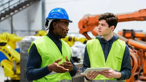 Multiracial engineers working in robotic factory - Tech industry concept 스톡 사진