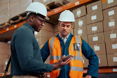 Multiracial factory engineers looking at digital tablet with stacked boxes at Stock Photos