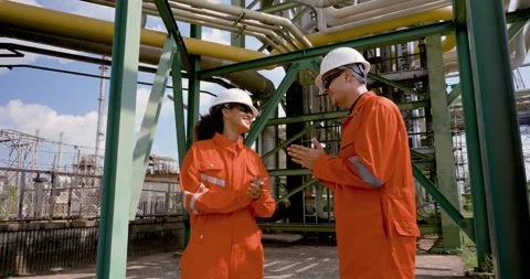 Multiracial female engineer shakes hands with adult male supervisor at refinery Stock Footage 334833219