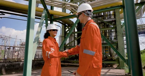 Multiracial female engineer smiles during handshake with adult male technician Stock Footage 339651555