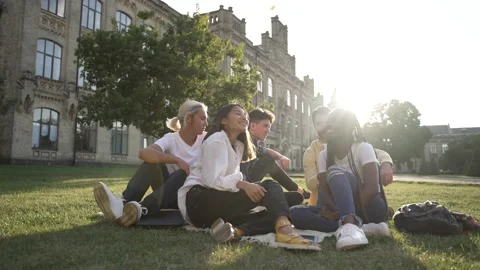 Multiracial friends spending time on campus lawn Stock Footage 163280858