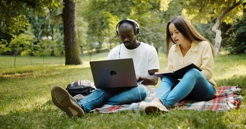Multiracial Friends Studying in Park 库存影片 115657976