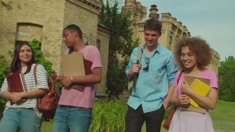 Multiracial group of cheerful students walking and laughing outdoors Stock Footage 156743374