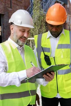 Multiracial group of competent builders in protective helmets working together Stock Photos