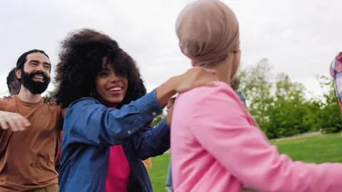 Multiracial group of friends dancing together outdoor during summer vacations 스톡 동영상 198219483