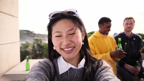 Multiracial group selfie of smiling people on spring day. Young people gathered Stock Footage 237111875