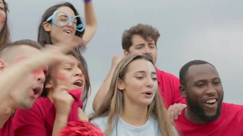 Multiracial group of spectators in team colours watching sports event Stock Footage 155492752