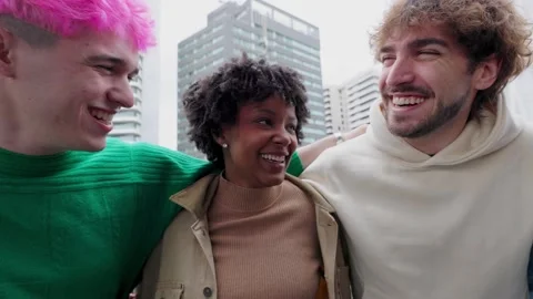 Multiracial group of young friends having fun together at city street Stock Footage 312196231