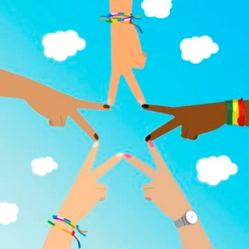 Multiracial hands make star sign over sky Stock Illustration