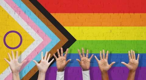 Multiracial hands over progress pride flag Stock Photos