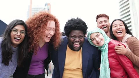 Multiracial happy friends having fun outdoor in the city - People from different Stock Footage 173564735
