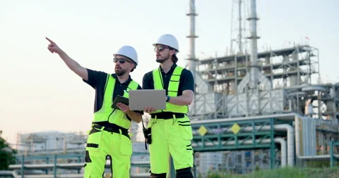 Multiracial male refinery engineer points across petrochemical plant while Stock Footage 335605709