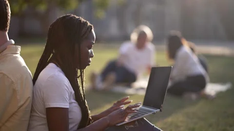 Multiracial mates using laptops studying in nature Stock Footage 163281496