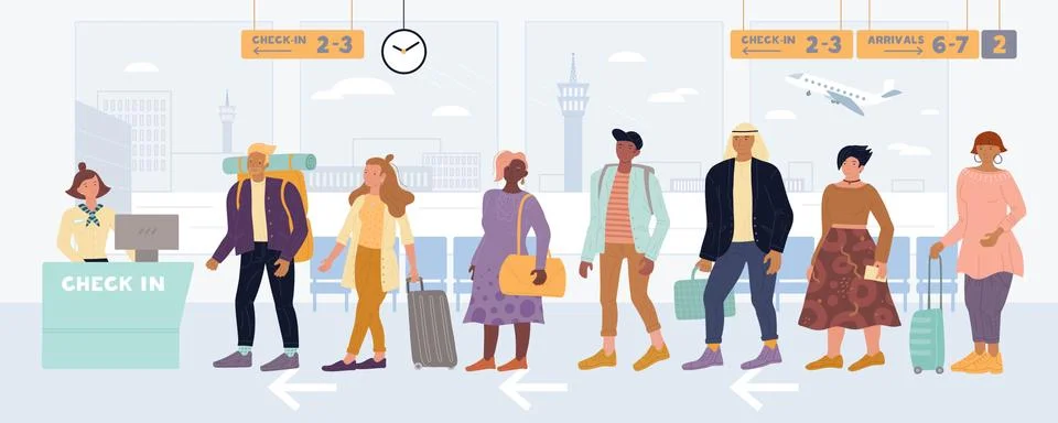 Multiracial men, women standing in queue to check in, drop off luggage at Stock Illustration