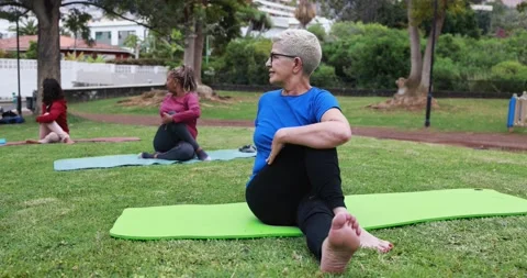 Multiracial people doing yoga class at city park Stock Footage 151682383