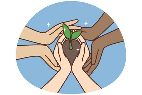 Multiracial people hands hold ground with seedling Stock Illustration