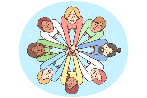 Multiracial people stand in circle with hands outstretched to demonstrate Stock Illustration