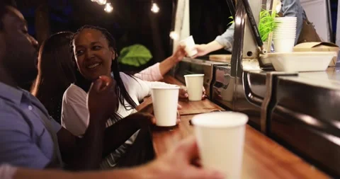 Multiracial people talking together in front of food truck outdoor Vídeos de archivo 156455003