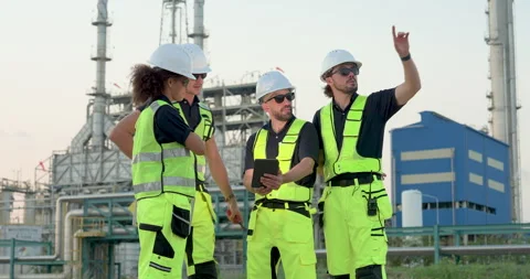 Multiracial refinery engineer gestures toward processing unit while technician Stock Footage 335606473