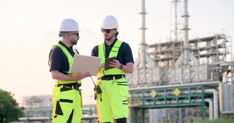 Multiracial refinery engineer reviewing maintenance checklist on laptop while Stock Footage 344395394