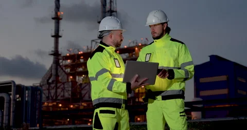 Multiracial refinery engineer reviews laptop beside technician holding Video stock 335606887