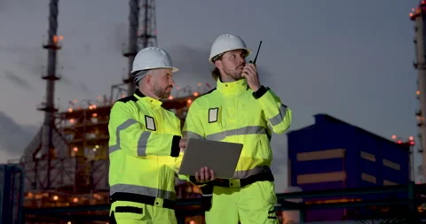 Multiracial refinery workforce reviews laptop data while technician speaks Stock Footage 338425233