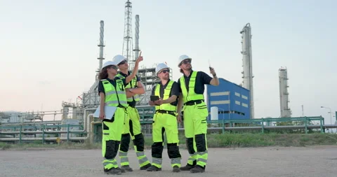 Multiracial refinery workforce walks through petrochemical site while engineer Stock Footage 335606492