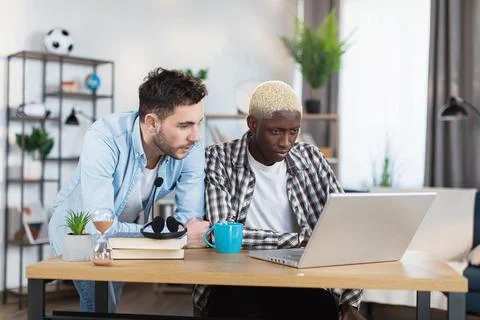 Multiracial same sex couple using laptop at home Stock Photos