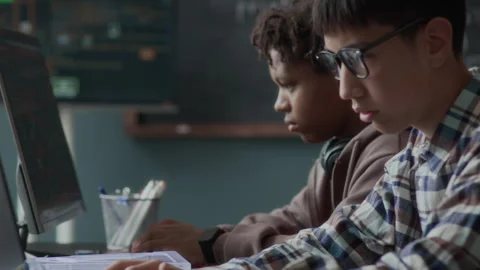 Multiracial Schoolboys Coding in Programming Class Stock Footage 284432764