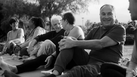 Multiracial senior people having fun together after yoga sport workout in nature Stock Footage 255135030