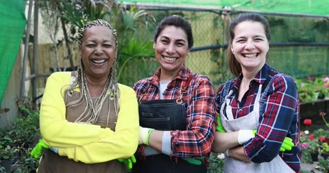 Multiracial senior women working inside greenhouse garden Vídeo Stock 170940072