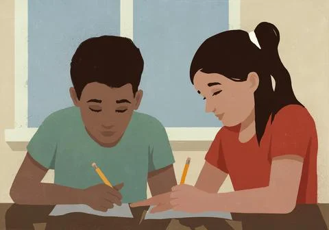 Multiracial students doing homework next to each other in classroom Stock Illustration