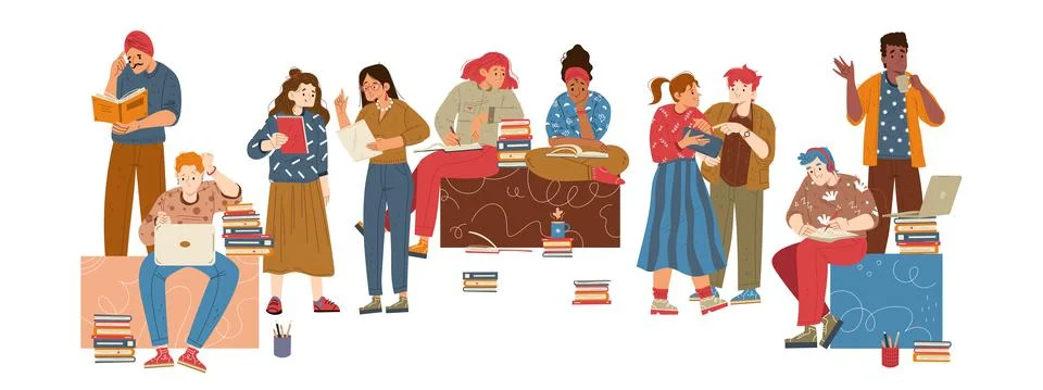 Multiracial students study together Stock Illustration