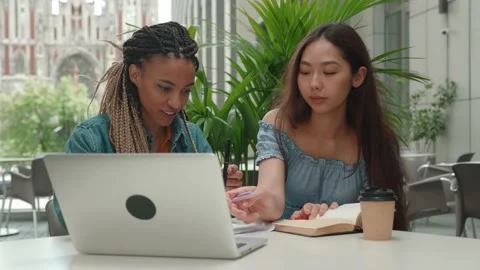 Multiracial students study together prepare project looking screen laptop, make Stock Footage 160035672