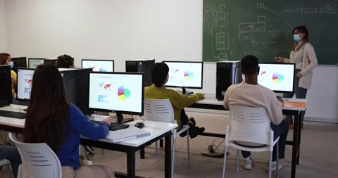 Multiracial students using computers inside class room Stock Footage 168622389