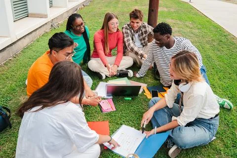 Multiracial students using a laptop computert sitting in a circle on the grass Stock Photos