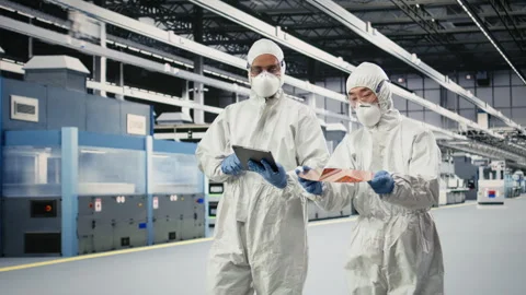 Multiracial team examining semiconductor substrate in cleanroom Stock Footage 333393832