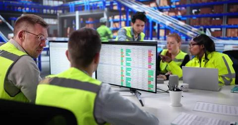 Multiracial Team Using Business Intelligence For Warehouse Operations Coordin Foto stock