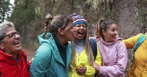 Multiracial women having fun during trekking day into the woods Vídeos de archivo 164377329