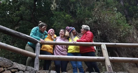 Multiracial women having fun during trekking day into the wood Stock Footage 164377410