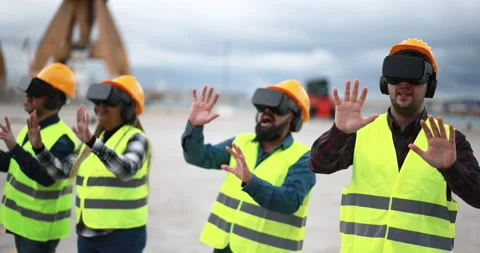 Multiracial workers using virtual reality headsets at industrial terminal port Stock Footage 179973827