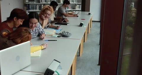 Multiracial young students learing together inside school library Stock Footage 203721373